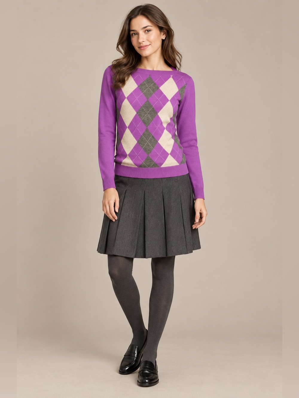 Banana Republic 100% Cashmere Argyle Sweater Women's XS Purple Boat Neck